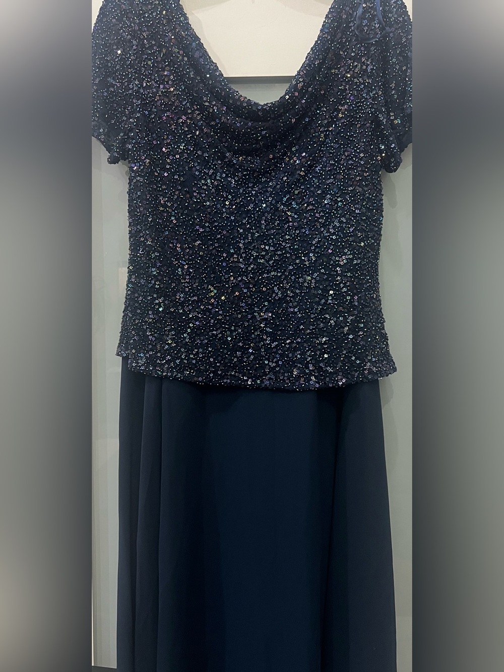 JKARA Navy/Black Beaded Embroidered Mesh Floral Maxi Dress Scoop Neck Formal 16